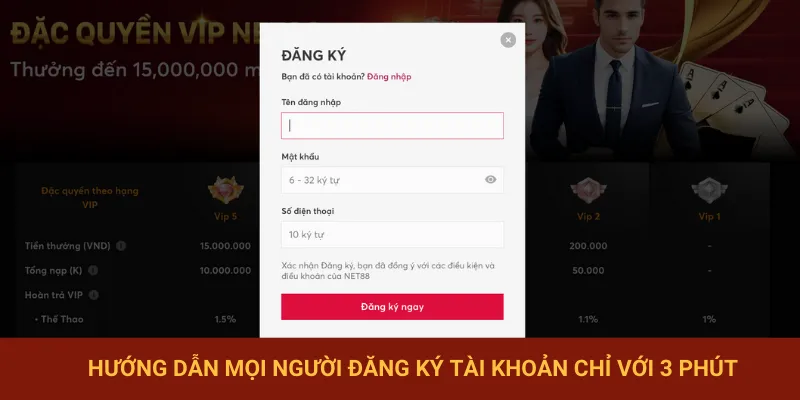 Thao tác tạo tài khoản đơn giản cùng NET88